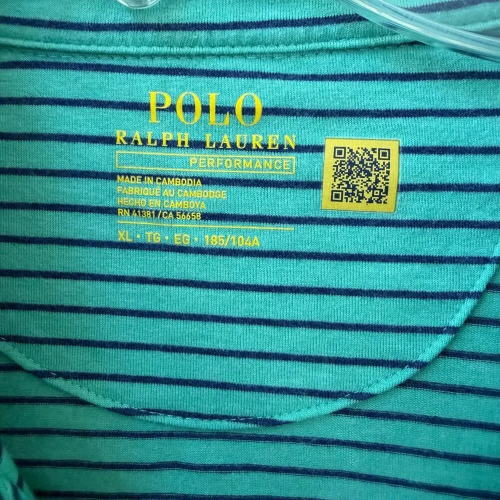 Polo Ralph Lauren Performance Polo Shirt Green Blue Stripe Size XL Preppy Casual
